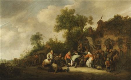 PEASANTS DANCING AND CAROUSING OUTSIDE A VILLAGE INN