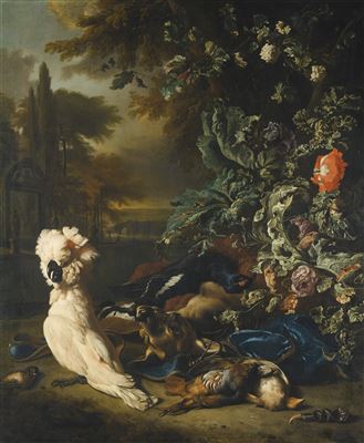 STILL LIFE OF GAMEBIRDS, A STAG, HUNTING PARAPHANALIA AND FLOWERS, WITH A WHITE COCKATOO, IN A LANDSCAPE SETTING