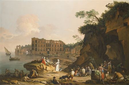 NAPLES, A VIEW OF MERGELLINA AND THE PALAZZO DONN'ANNA BEYOND, WITH FISHERMEN DRAWING THEIR CATCH, PEASANTS GRILLING FISH AND OTHER FIGURES CONVERSING