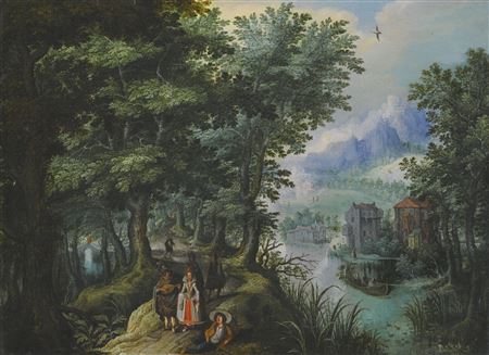 A RIVER LANDSCAPE WITH ELEGANT FIGURES ON A PATH, A VILLAGE ON THE FAR BANK by Antoine Mirou - Auction record, sale price, and art valuation. Compare with similar artists and explore comparable artworks.