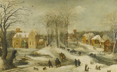 WINTER LANDSCAPE WITH TRAVELLERS PASSING THROUGH AN AVENUE OF TREES by Joos De Momper II - Auction record, sale price, and art valuation. Compare with similar artists and explore comparable artworks.