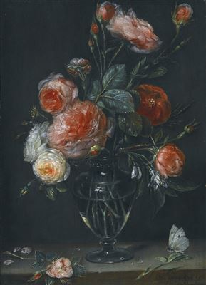 STILL LIFE OF ROSES IN A GLASS JAR ON A STONE LEDGE WITH A BUTTERFLY