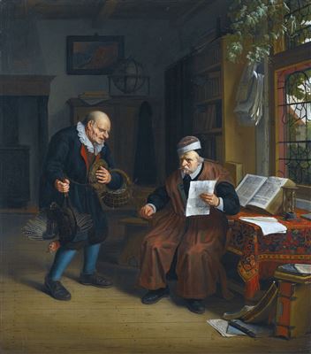 A PEASANT OFFERING POULTRY TO A LAWYER by Michel van Muscher - Auction record, sale price, and art valuation. Compare with similar artists and explore comparable artworks.