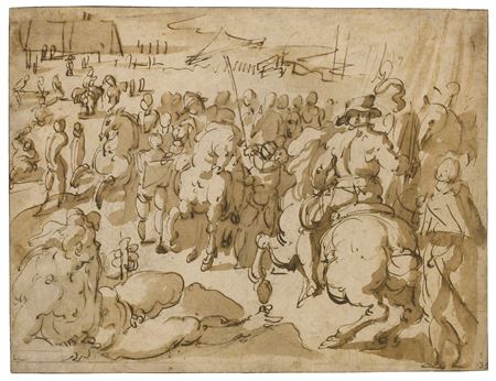 SOLDIERS OUTSIDE THE WALLS OF A MARINE FORTRESS: POSSIBLY THE FOUNDATION OF COSMOPOLI by Jacopo Zucchi - Auction record, sale price, and art valuation. Compare with similar artists and explore comparable artworks.