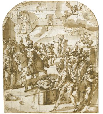 THE MARTYRDOM OF SAINT PAUL, THE PORTA SAN PAOLO BEYOND WITH THE ARMS OF PIUS V (1566-1572) AND THE PYRAMID OF CAIUS CESTIUS IN THE BACKGROUND