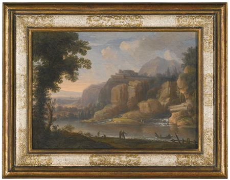 A ROCKY RIVER LANDSCAPE WITH FIGURES AND A FISHING BOAT BY A WATERFALL; A WOODED RIVER LANDSCAPE WITH TRAVELLERS ON A PATH CROSSING A BRIDGE