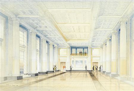 RECEPTION HALL OF THE EXCHANGE BUILDINGS, NOTTINGHAM, DESIGNED BY THOMAS CECIL HOWITT (1899-1968) by Cyril Arthur Farey - Auction record, sale price, and art valuation. Compare with similar artists and explore comparable artworks.