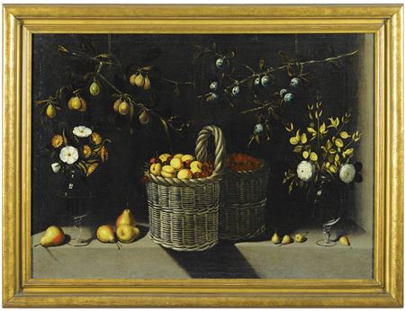STILL LIFE WITH A BASKET OF APRICOTS AND CHERRIES, VASES OF FLOWERS, AND HANGING BRANCHES OF MIRABELLE AND SLOE PLUMS