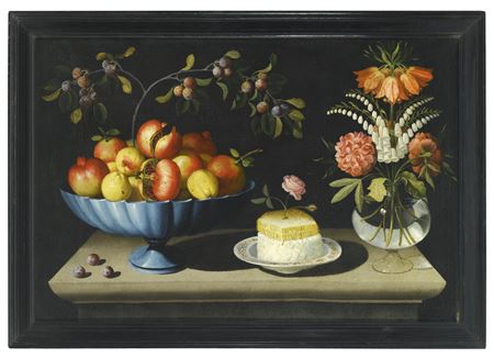 STILL LIFE WITH A BLUE BOWL OF POMEGRANATES AND PEACHES, A PLATE OF WHITE CHEESE WITH A HONEYCOMB AND A ROSE, AND FLOWERS IN A GLASS VASE