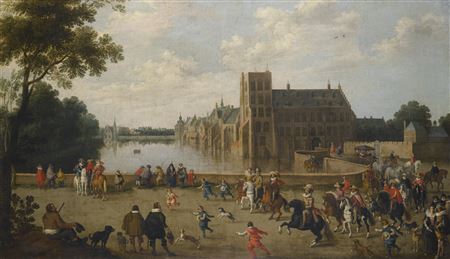 THE PRINCES OF ORANGE LEAVING THE BUITENHOF AND PASSING THE WESTERN SIDE OF THE HOFVIJVER IN THE HAGUE.