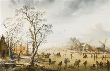 A WINTER LANDSCAPE WITH SKATERS AND KOLF PLAYERS ON A FROZEN RIVER BY A VILLAGE by Aert Van Der Neer - Auction record, sale price, and art valuation. Compare with similar artists and explore comparable artworks.