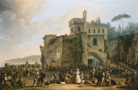 THE BAY OF NAPLES, A VIEW OF MERGELLINA WITH FIGURES REVELLING AND EATING
