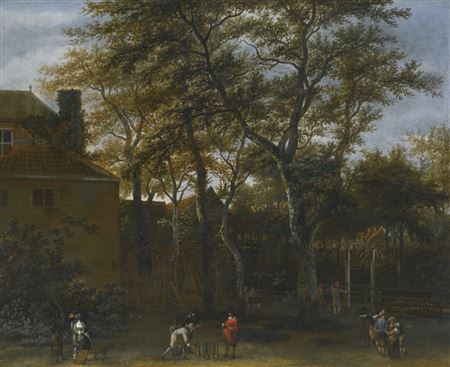 FOUR MEN PLAYING SKITTLES IN A GARDEN, WITH ONLOOKERS