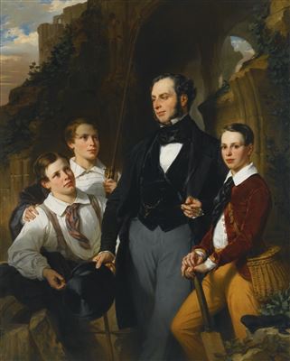 PORTRAIT OF LAURENCE DAVIDSON AND HIS THREE SONS, THREE-QUARTER LENGTH, STANDING BY RUINS, HIS SONS SEATED AROUND HIM, ONE HOLDING A FISHING ROD, THE OTHER HOLDING A CRICKET BAT