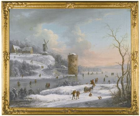 A WINTER LANDSCAPE WITH FIGURES SKATING ON A RIVER, A WINDMILL BEYOND