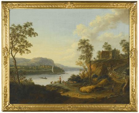 A RIVER LANDSCAPE WITH FARM WORKERS AND ANIMALS BELOW A FARM, A DISTANT TOWN BEYOND