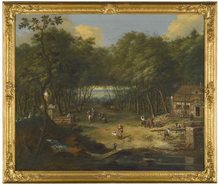 FOREST CLEARING WITH A SAWMILL AND FIGURES BY A FOUNTAIN