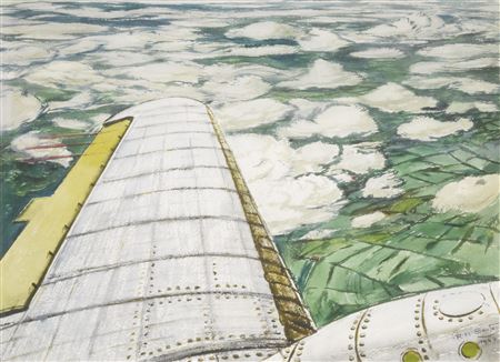 VIEW ACROSS THE WING OF AN RAF PLANE