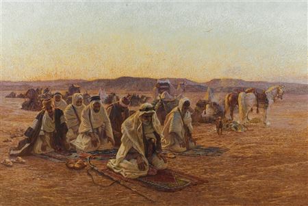 EVENING PRAYERS IN THE DESERT by Otto Pilny - Auction record, sale price, and art valuation. Compare with similar artists and explore comparable artworks.