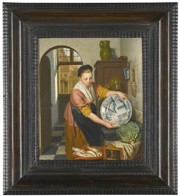 A GIRL WASHING A PORCELAIN DISH IN A KITCHEN