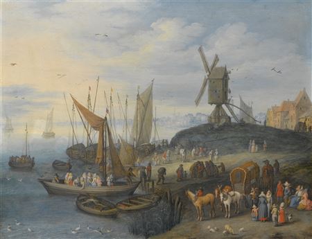 A RIVER LANDSCAPE WITH FIGURES BOTH ON A FERRY AND WAITING ON THE SHORE BENEATH A WINDMILL