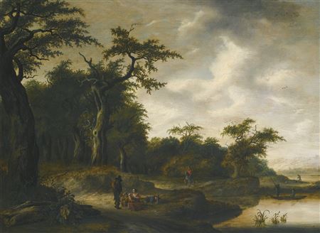 A WOODED LANDSCAPE WITH TRAVELLERS ON A ROAD BY A RIVER