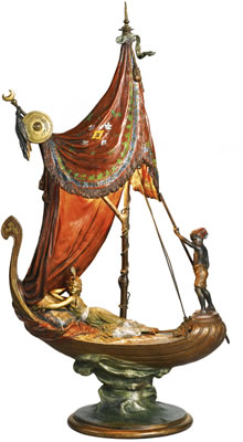 TABLE LAMP WITH CLEOPATRA RECLINING ON A BOAT by Franz Bergmann - Auction record, sale price, and art valuation. Compare with similar artists and explore comparable artworks.