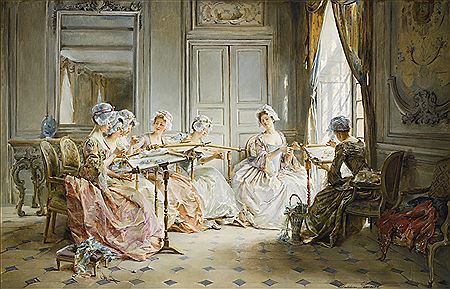 THE EMBROIDERY CLASS by Madeleine Jeanne Lemaire - Auction record, sale price, and art valuation. Compare with similar artists and explore comparable artworks.