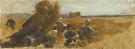 HARVESTERS BY A STOOK WITH A HAYCART IN THE DISTANCE