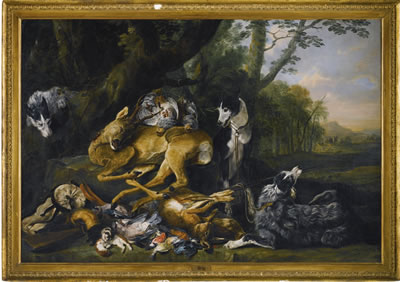 THE SPOILS OF THE CHASE BEING GUARDED BY A DOG, A LANDSCAPE BEYOND