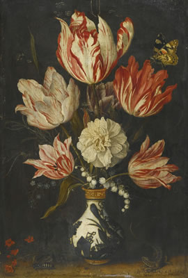 STILL LIFE OF VARIEGATED TULIPS IN A CERAMIC VASE, WITH A WASP, A DRAGONFLY, A BUTTERFLY AND A LIZARD