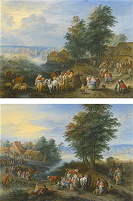 TRAVELLERS AND THEIR HERDS DEPARTING FROM A VILLAGE; TRAVELLERS UNPACKING THEIR CARTS AND ENTERING A VILLAGE (2)