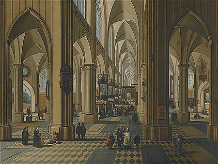 INTERIOR OF A GOTHIC CHURCH WITH FIGURES ATTENDING MASS