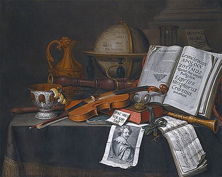 VANITAS STILL LIFE WITH A GLOBE, A VIOLIN AND BOW, LEMON PEEL, A RECORDER, A MUSICAL SCORE, AN OPEN BOOK, AN HOUR GLASS AND OTHER OBJECTS