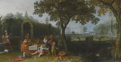 AN ELEGANT PARTY IN AN ORNATE PALACE GARDEN