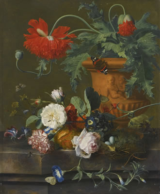 A STILL LIFE OF POPPIES IN A TERRACOTTA VASE, ROSES, A CARNATION AND OTHER FLOWERS WITH A BIRD'S NEST ON A MARBLE LEDGE
