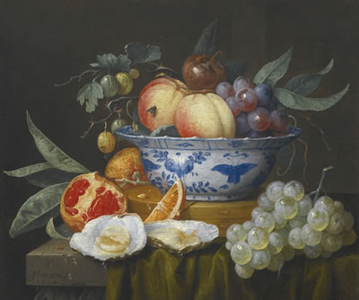 STILL LIFE OF FRUIT IN A BOWL WITH OYSTERS AND GRAPES