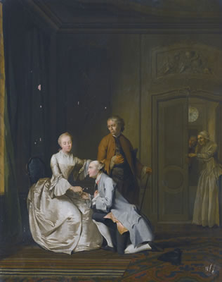 INTERIOR SCENE WITH A LADY AND TWO SUITORS