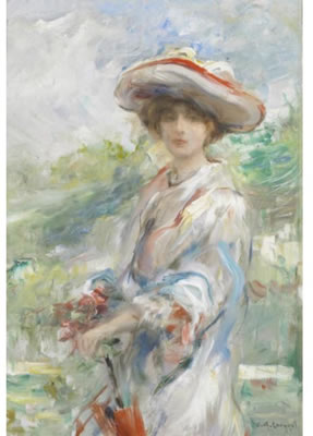 FIGURA DI DONNA CON L'OMBRELLINO ROSSO
