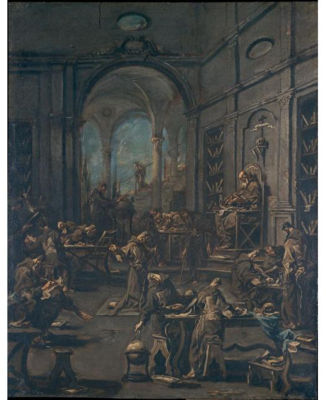 LA BIBLIOTECA DEL CONVENTO CON FRATI NOVIZI AL LAVORO
