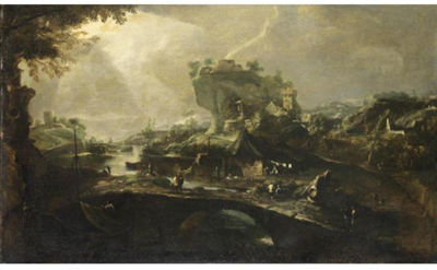 PAESAGGIO FLUVIALE CON FIGURE, PONTE E IMBARCAZIONI