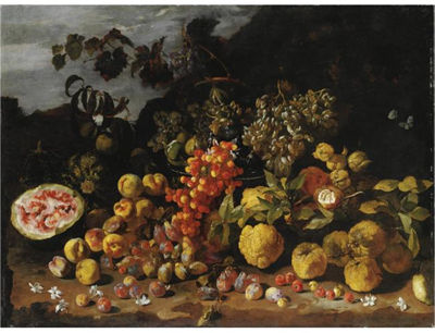 NATURA MORTA DI FRUTTA CON PRUGNE, CILIEGIE, ANGURIA E UVA