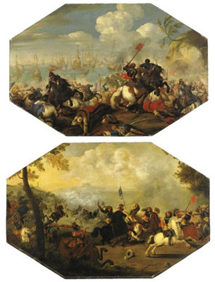 BATTAGLIA DI CAVALLERIA, CON BATTAGLIA NAVALE SUL FONDO;SCENA DI BATTAGLIA IN UN PAESAGGIO COLLINARE