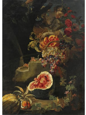 NATURA MORTA CON ANGURIA, MELOGRANO, UVA E GIOVANE CONTADINA by Christian Berentz - Auction record, sale price, and art valuation. Compare with similar artists and explore comparable artworks.