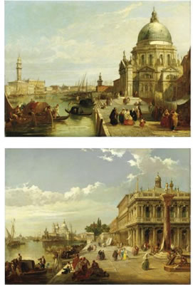 S. MARIA DELLA SALUTE E PALAZZO DEI DOGI; LA PIAZZETTA CON LA PUNTA DELLA DOGANA (pair)