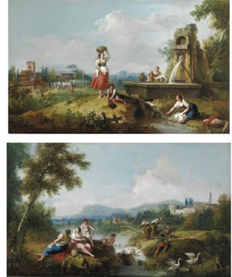 PAESAGGIO CON CONTADINE ALLA FONTANA PAESAGGIO CON CONTADINI PRESSO UN FIUME (pair)