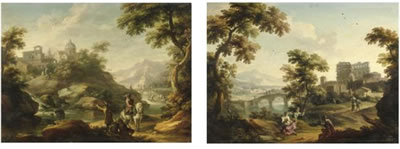 PAESAGGIO CON CAVALIERE SU CAVALLO BIANCO PRESSO UN FIUME PAESAGGIO CON ROVINE ANTICHE E UNA DAMA (pair)
