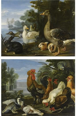 GALLI, COLOMBE E UN PAPPAGALLO PAPERE, PORCELLINI D'INDIA E UN CONIGLIO PRESSO UN LAGO (pair) by Giovanni Crivelli - Auction record, sale price, and art valuation. Compare with similar artists and explore comparable artworks.