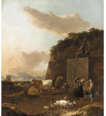 AN ITALIANATE LANDSCAPE WITH DORVERS AND THEIR ANIMALS BESIDE A FOUNTAIN