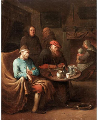 INTERIOR WITH A DOCTOR AND MONKS VISITING AN INVALID